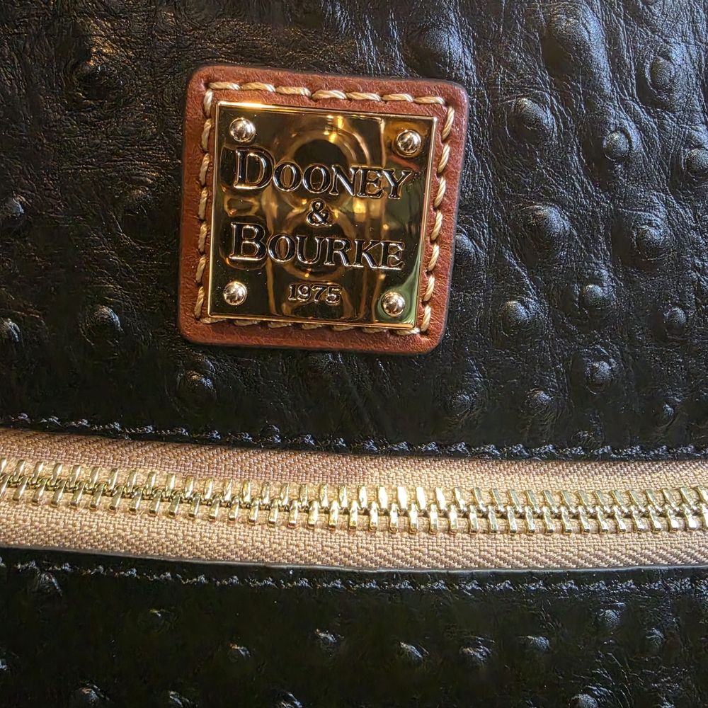 Dooney & Bourke Black Ostrich-Embossed Leather Bag with Gold Plaque